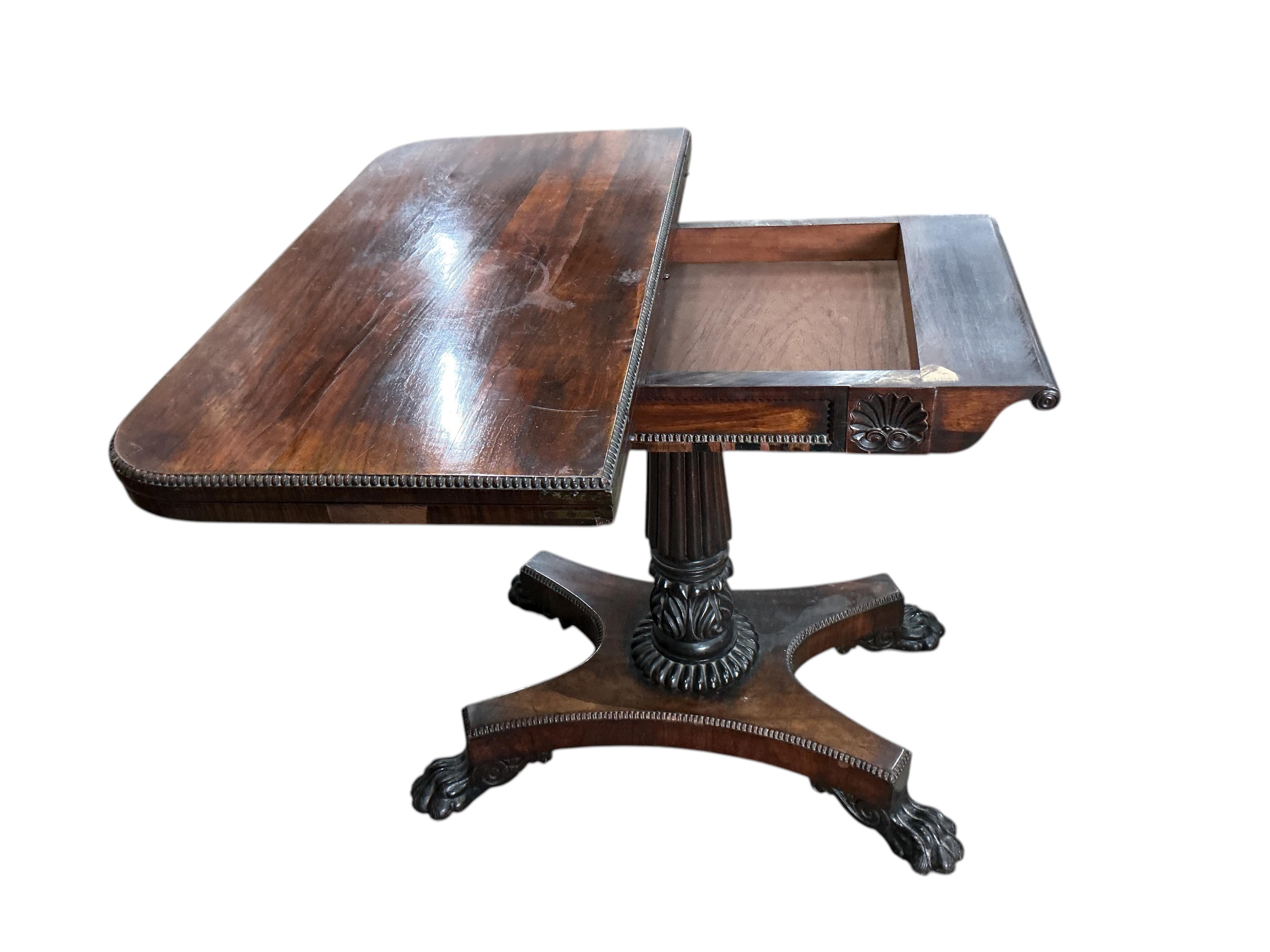 A William IV rosewood folding card table, width 90cm, depth 45cm, height 74cm